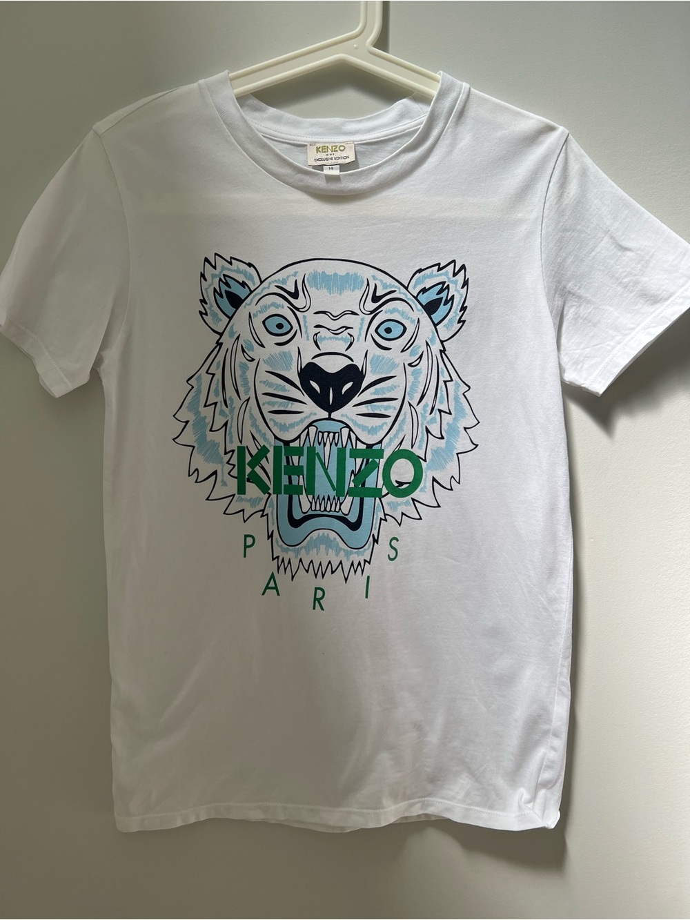 Kenzo Kids White Tee with Blue & Green Tiger Print